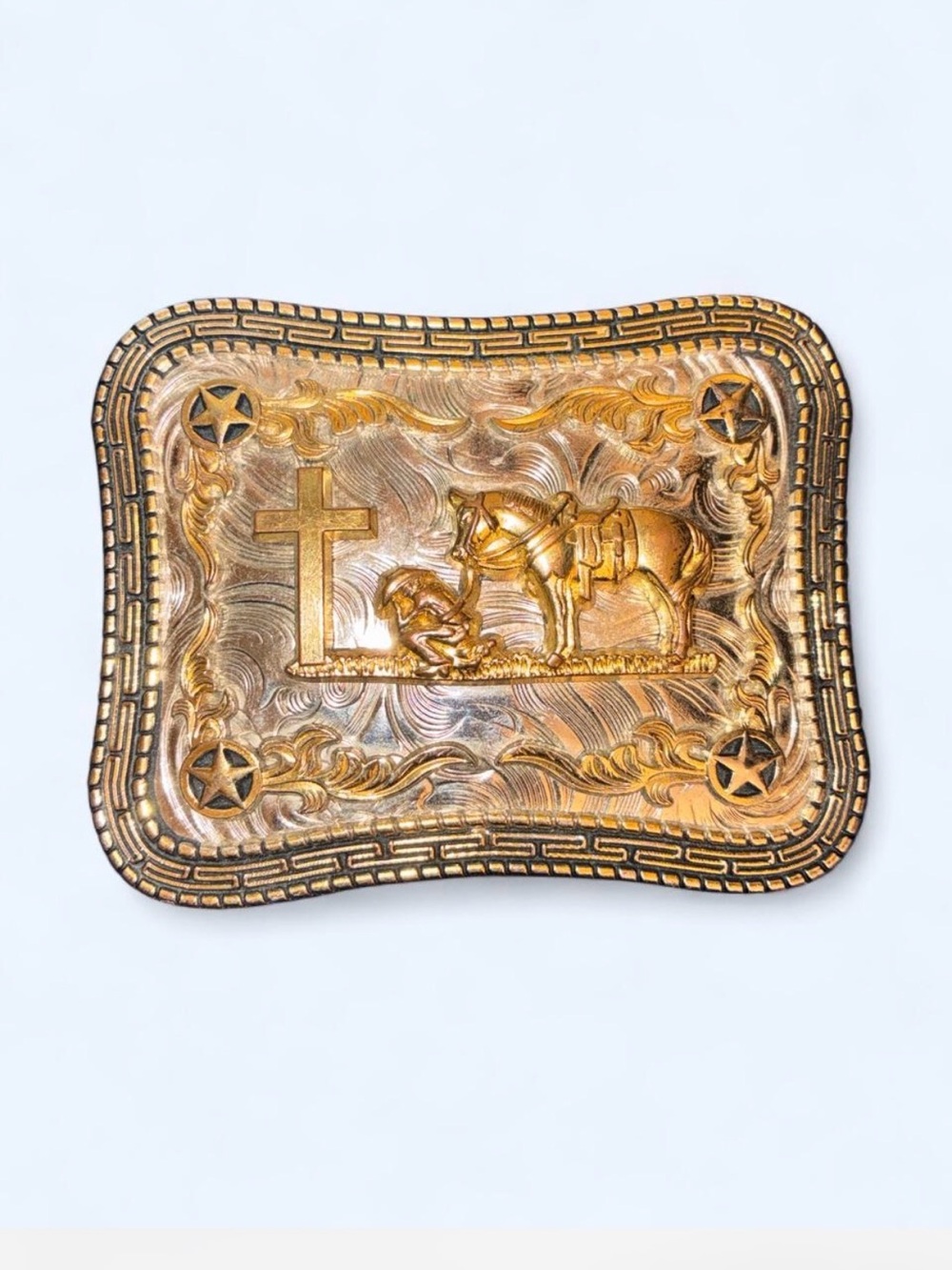 Gold Western Cross & Horse Men's Belt Buckle
